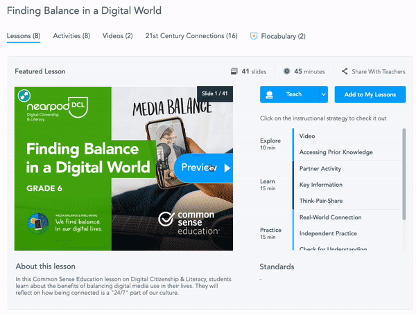 Examples of Digital Citizenship Lessons using Nearpod's Common Sense Lesson: Finding Balance in a Digital World