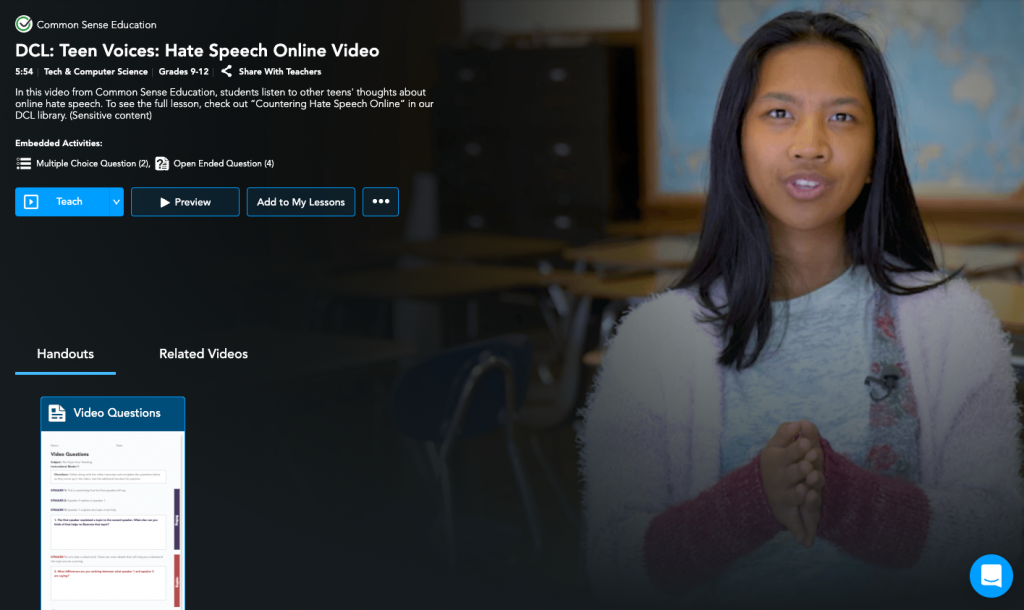 Preview of Nearpod's Common Sense Digital Citizenship Lesson: DCL: Teen Voices: Hate Speech Online Video
