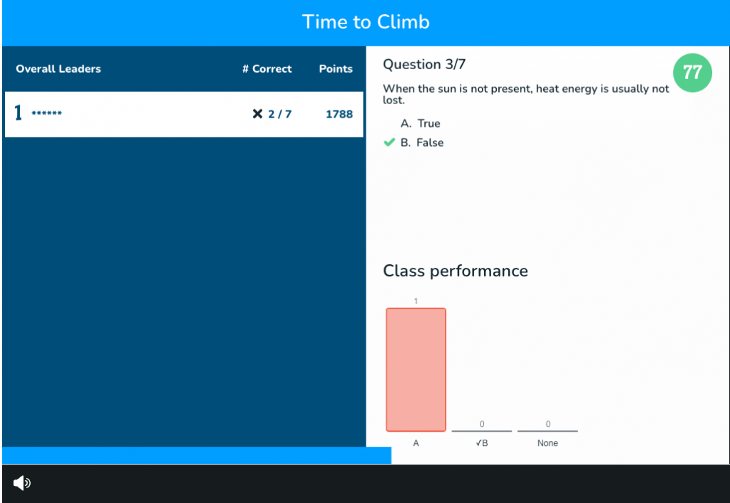 Real-time insight into class performance on Time to Climb's teacher dashboard